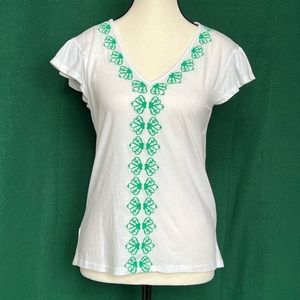LOFT Green Embroidered Ruffled Flutter Sleeve V-Neck‎ Clean Girl White Tee XS
